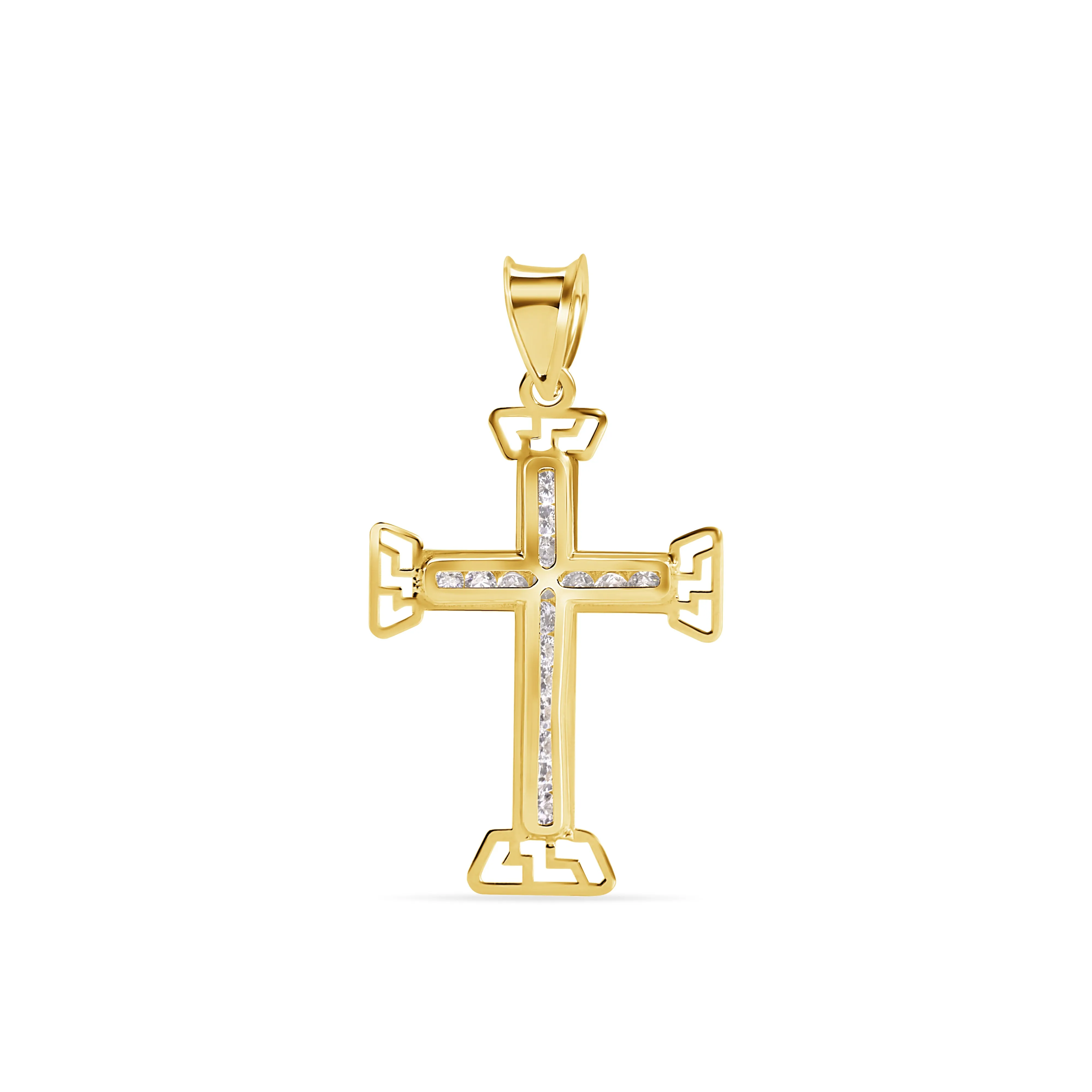 14P00141. - 14 Karat Yellow Gold Multi Faceted Cross Clear CZ Pendant