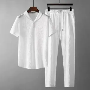 2Pcs/Set Summer Outfits Men's Sets Pure Color Short Sleeve Shirts Pants TS313