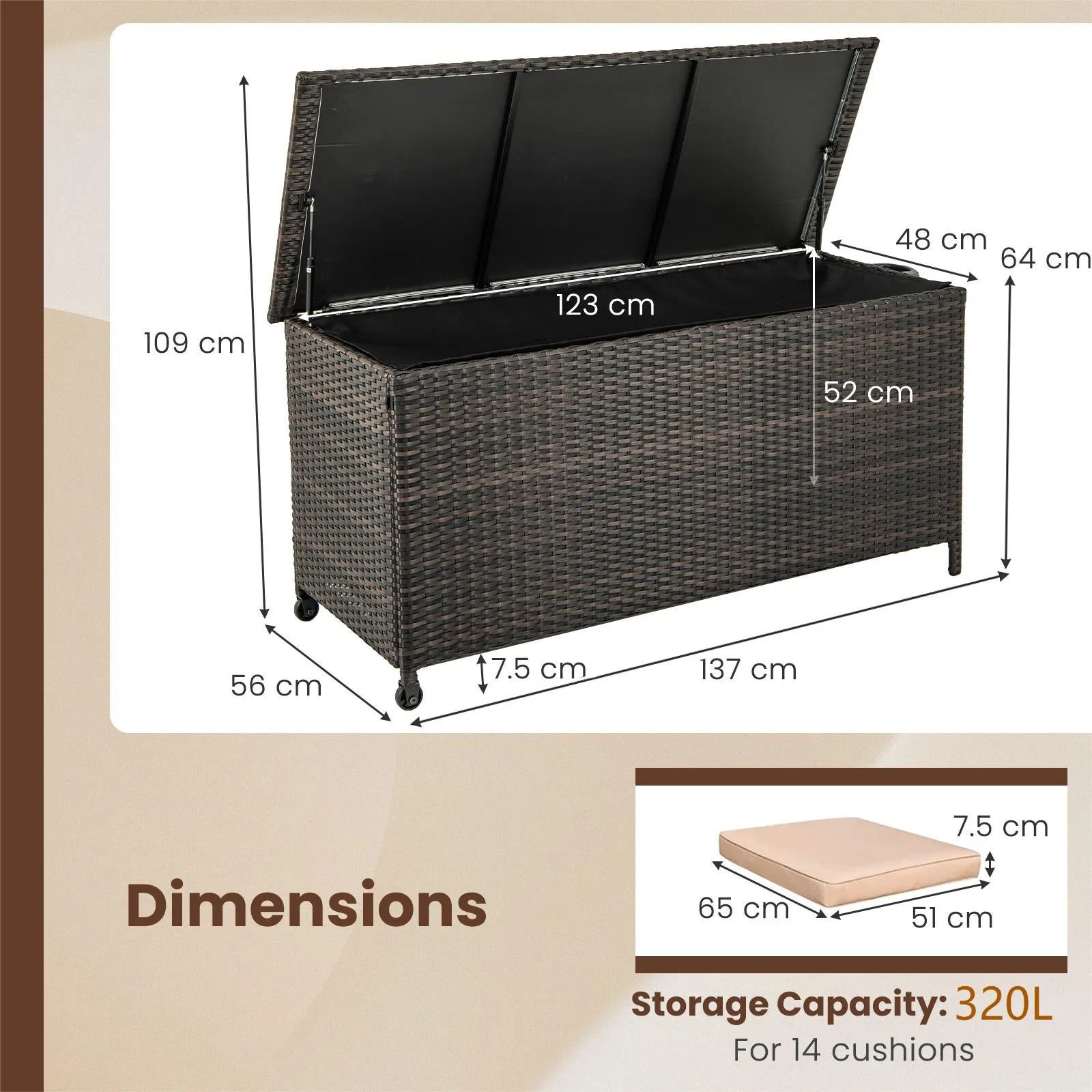 320L Rattan Deck Box Outdoor Storage with Liner and Universal Wheels-Brown