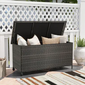 320L Rattan Deck Box Outdoor Storage with Liner and Universal Wheels-Brown