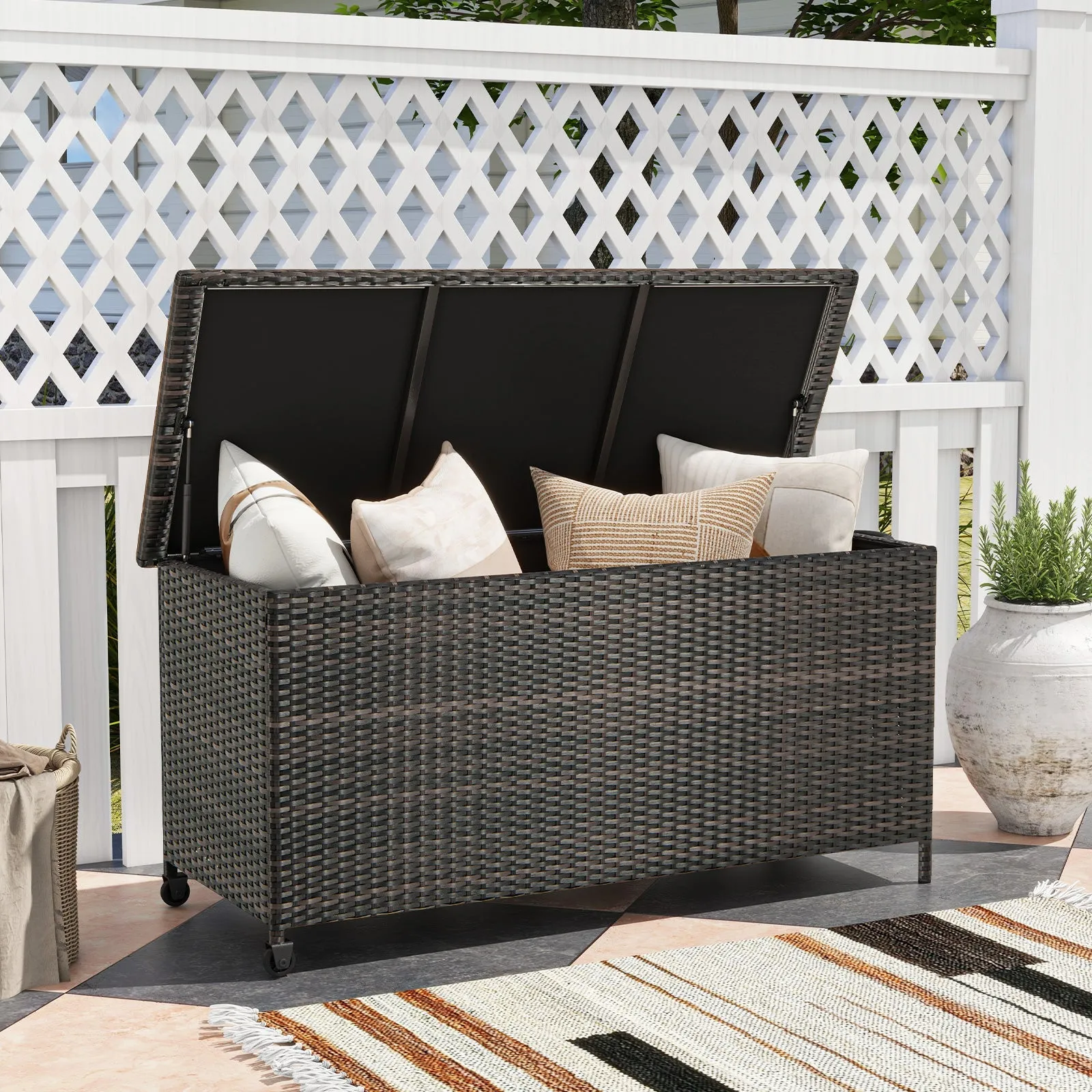 320L Rattan Deck Box Outdoor Storage with Liner and Universal Wheels-Brown