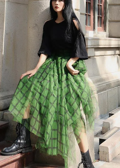 Boho Green Plaid tulle asymmetrical design Skirt Summer