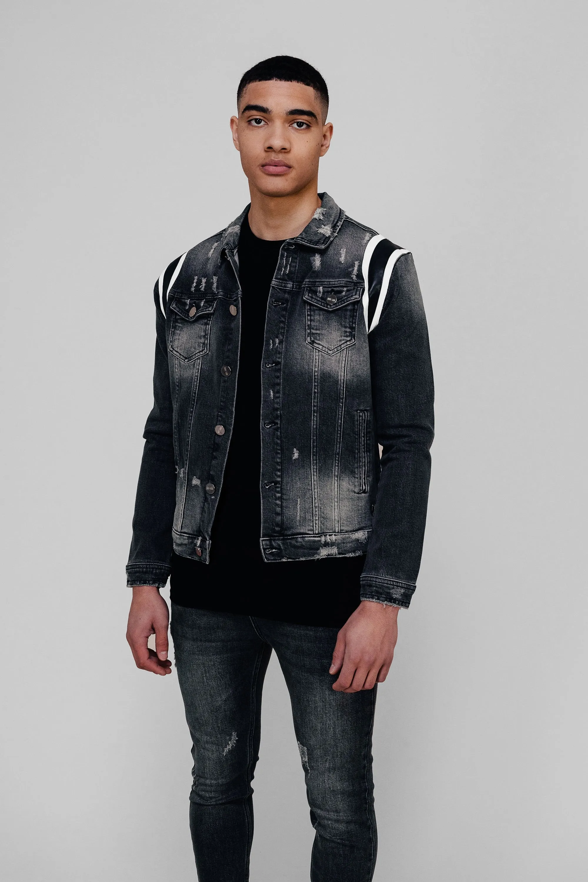 DENIM LEATHER PANEL JACKET