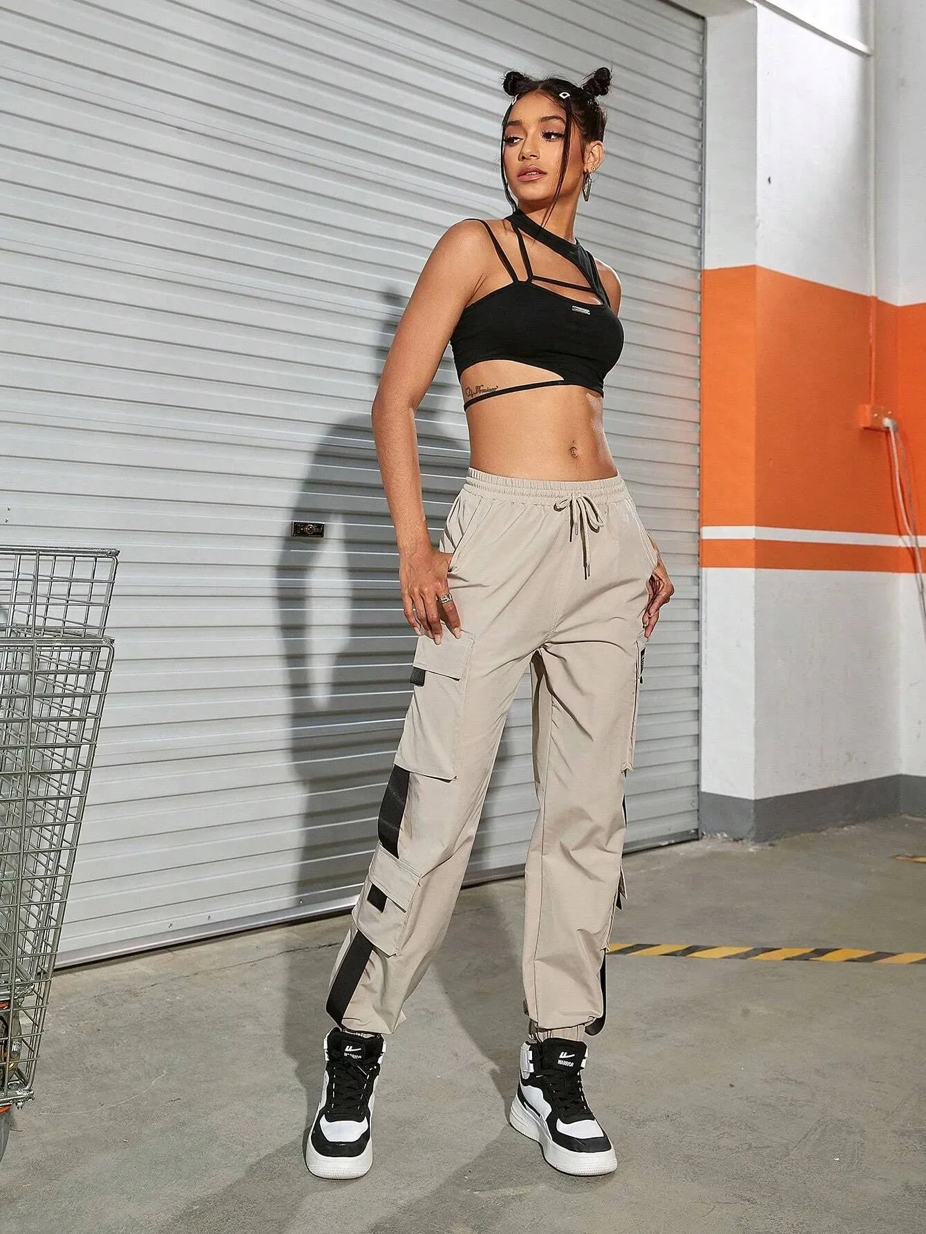 Drawstring Waist Patch Detail Cargo Pant