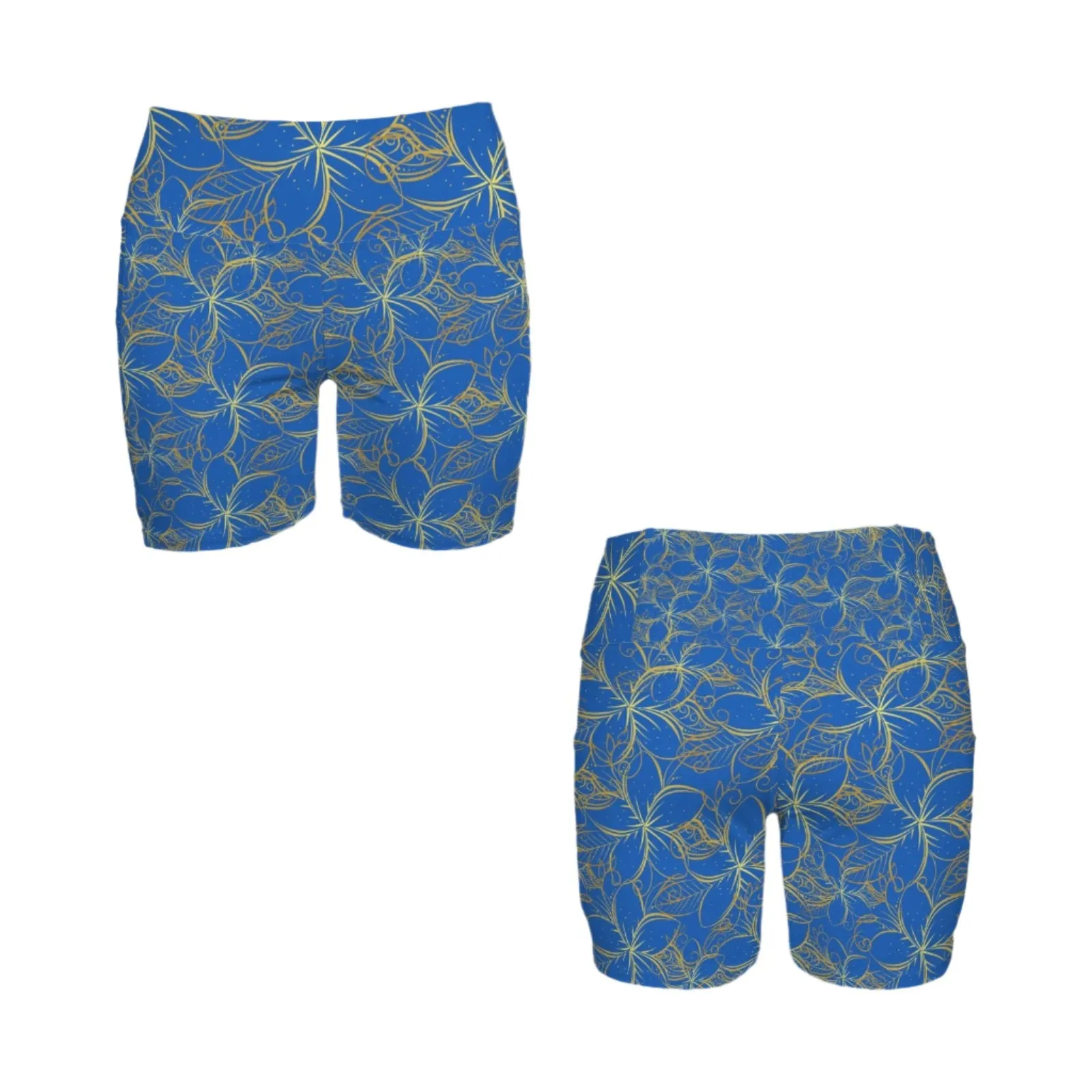 Golden Frangipani Blue Yoga Shorts with Pockets up to 5 XL (FWS)