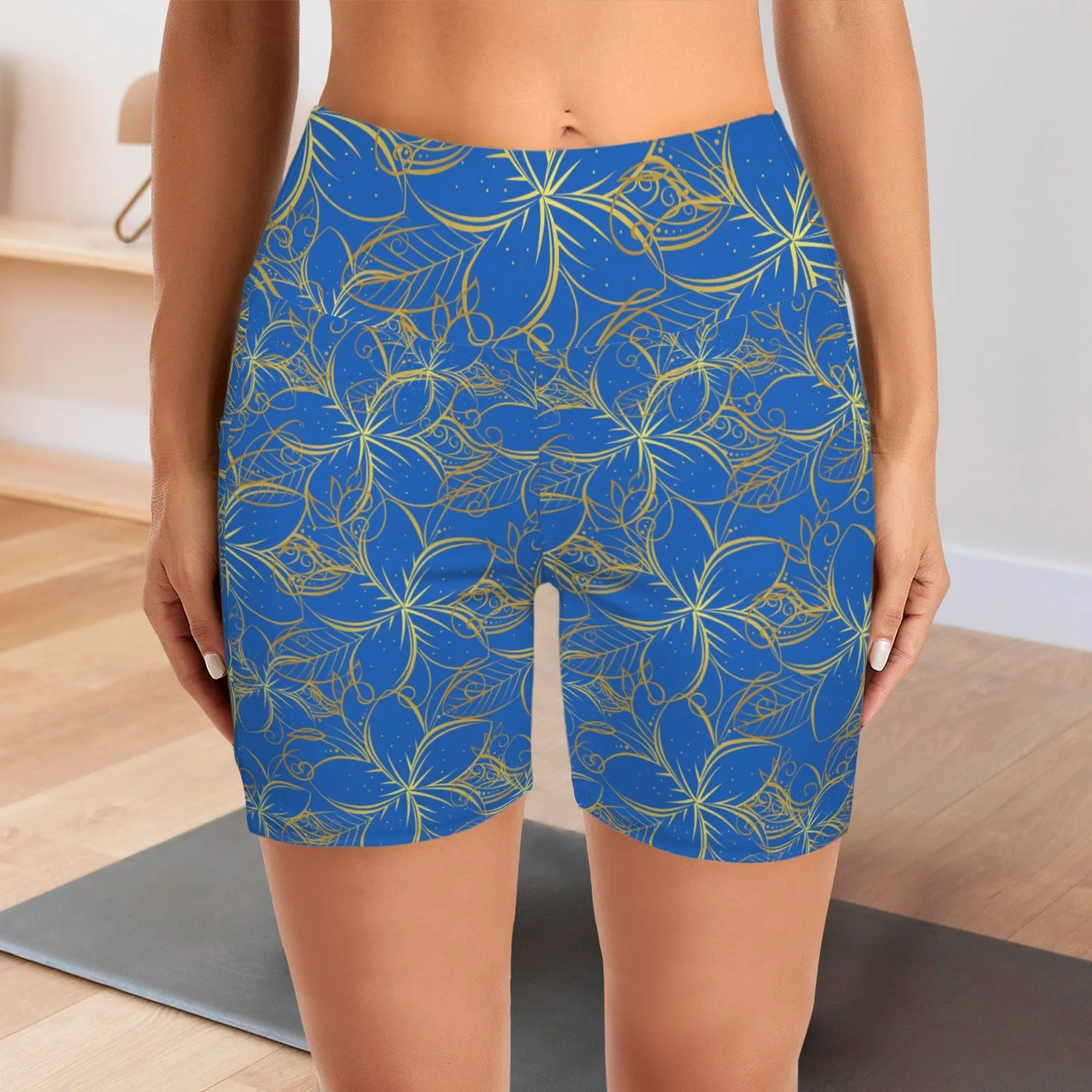 Golden Frangipani Blue Yoga Shorts with Pockets up to 5 XL (FWS)