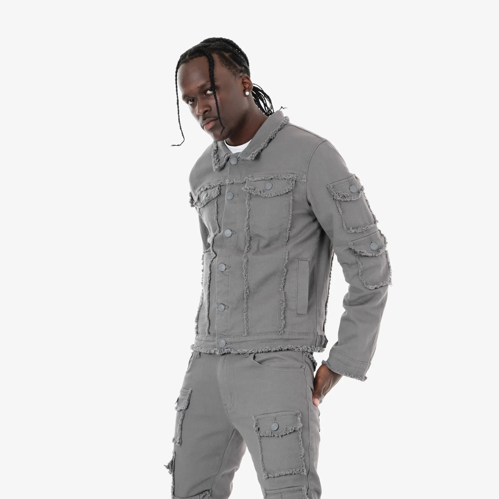 GRAY FRAYED DENIM JACKET