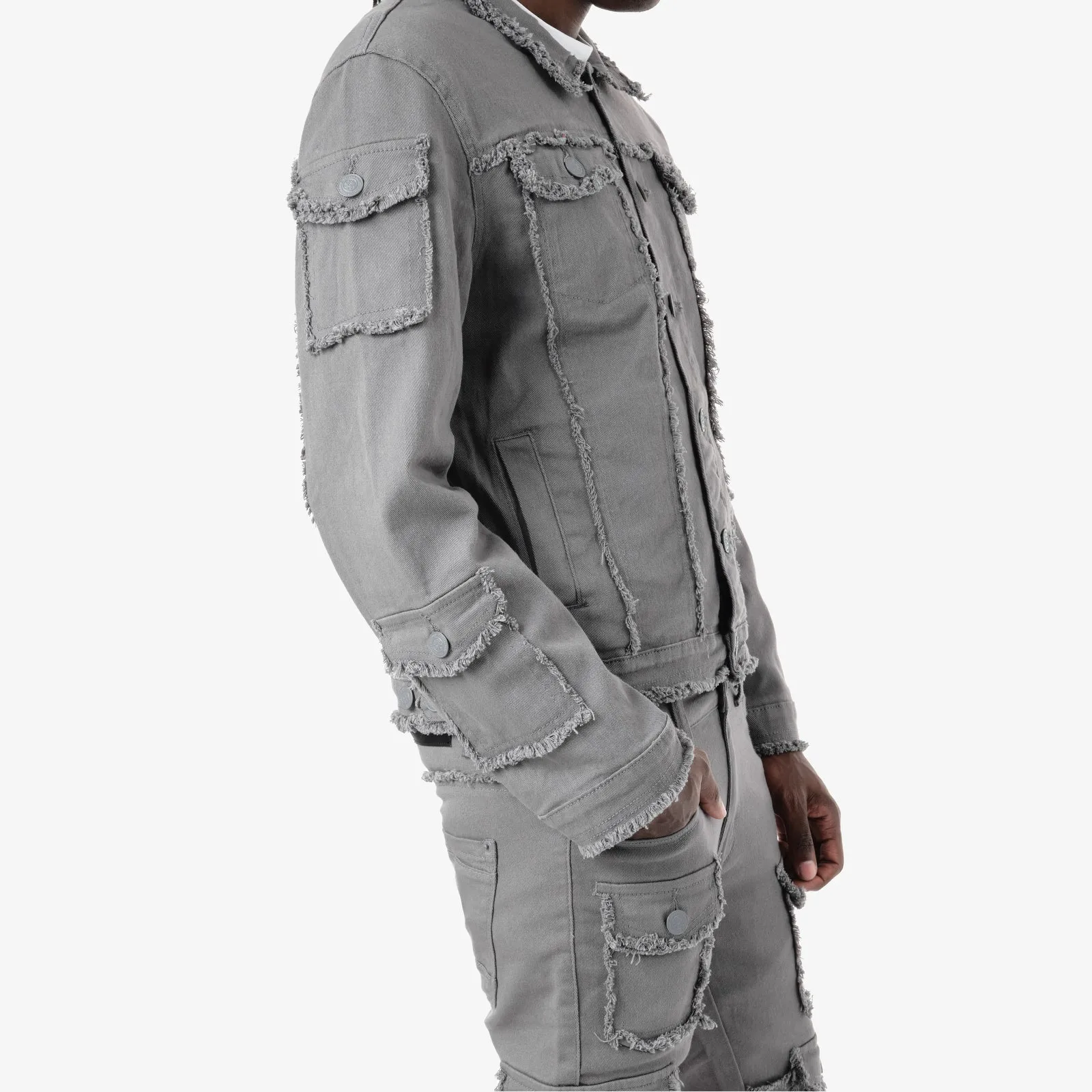 GRAY FRAYED DENIM JACKET