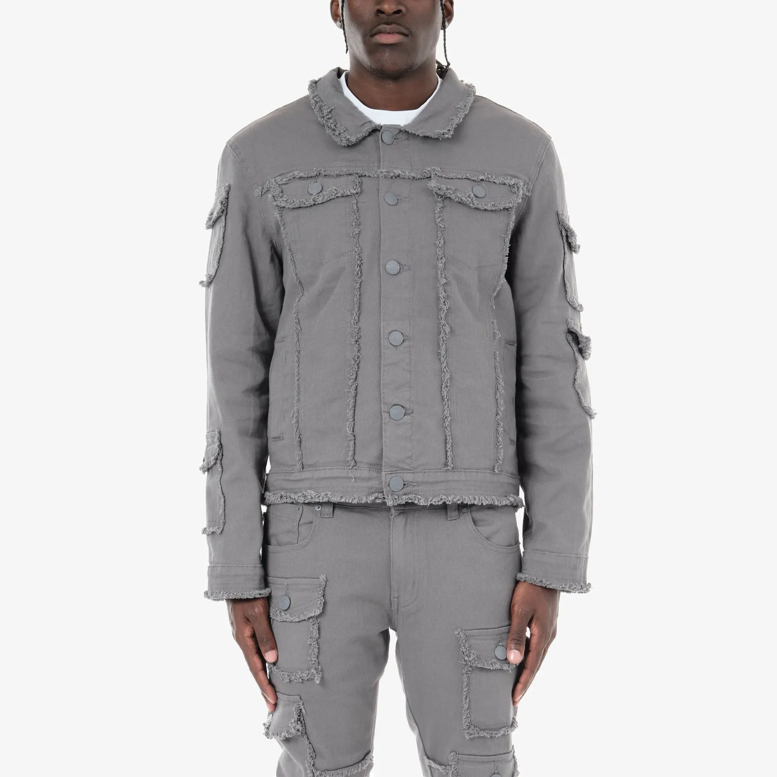 GRAY FRAYED DENIM JACKET