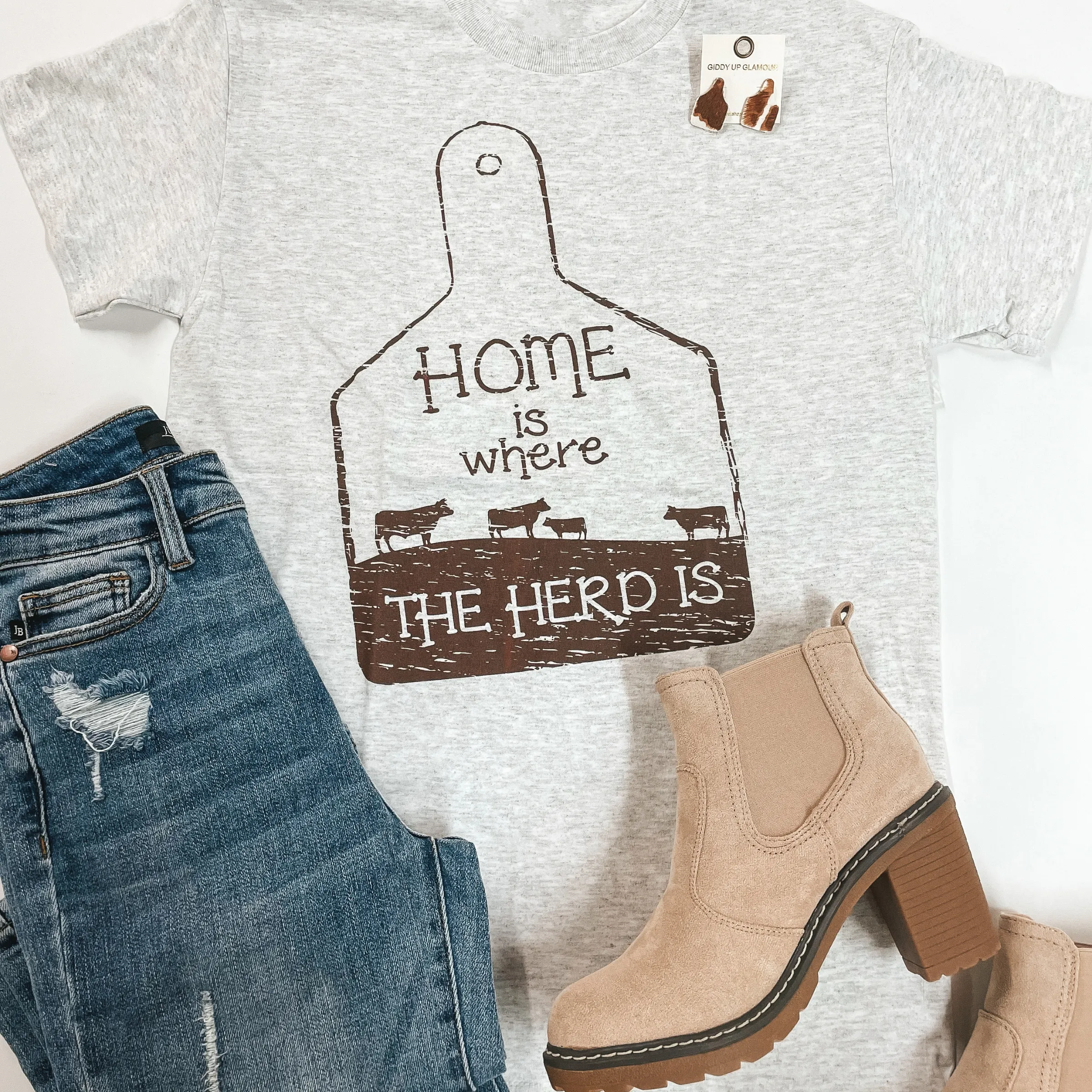 Home Is Where The Herd Is Short Sleeve Graphic Tee in Heather Grey