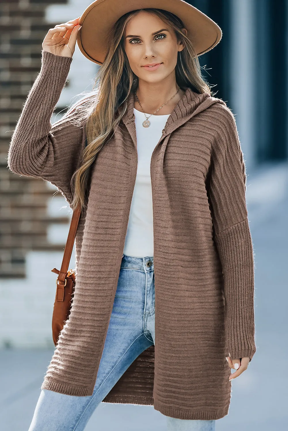 Horizontal Rib Knitted Hooded Cardigan