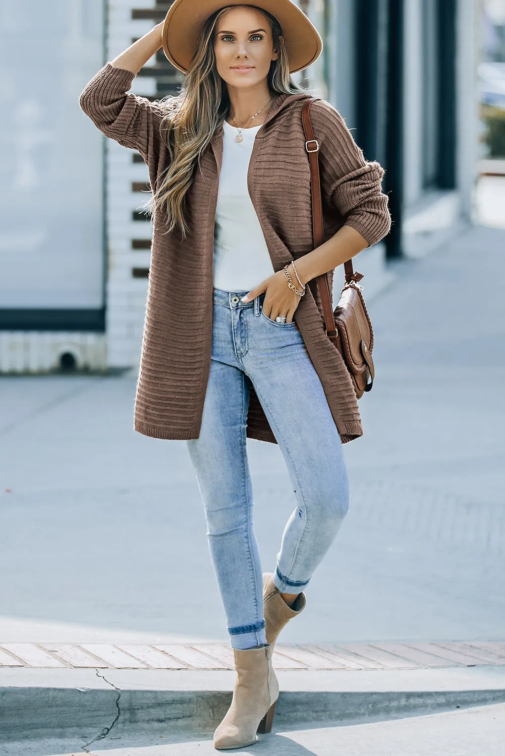 Horizontal Rib Knitted Hooded Cardigan