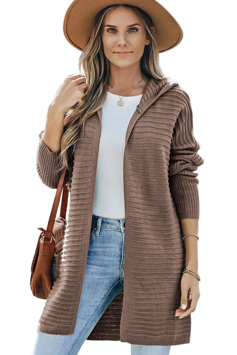 Horizontal Rib Knitted Hooded Cardigan