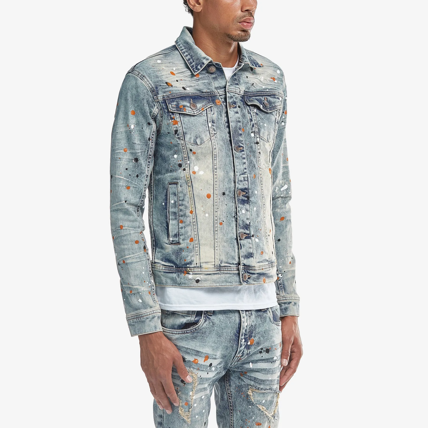 LIGHT TINT BLUE DENIM JACKET W/ SPOT DETAIL