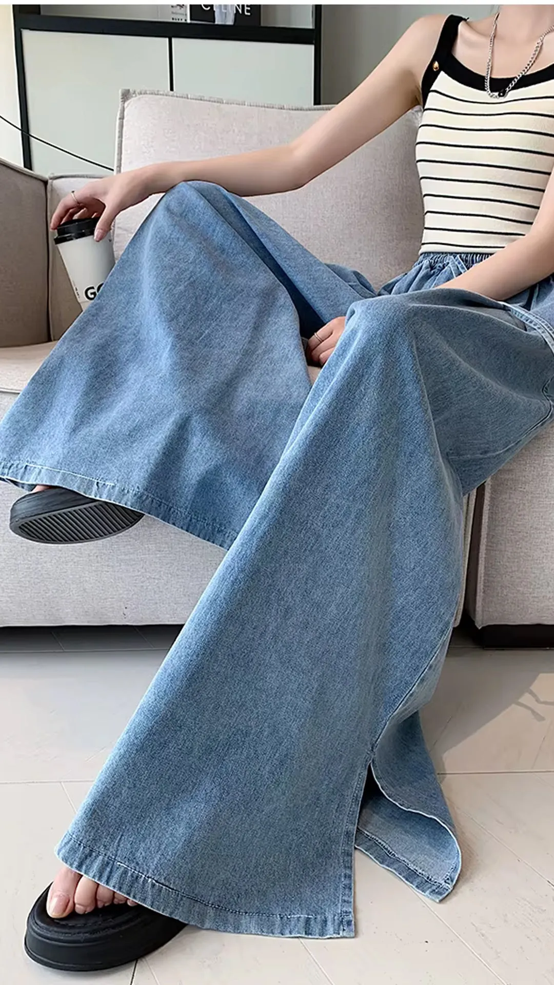 Loose Elastic Waist Oversize Wide Leg Jeans Pants