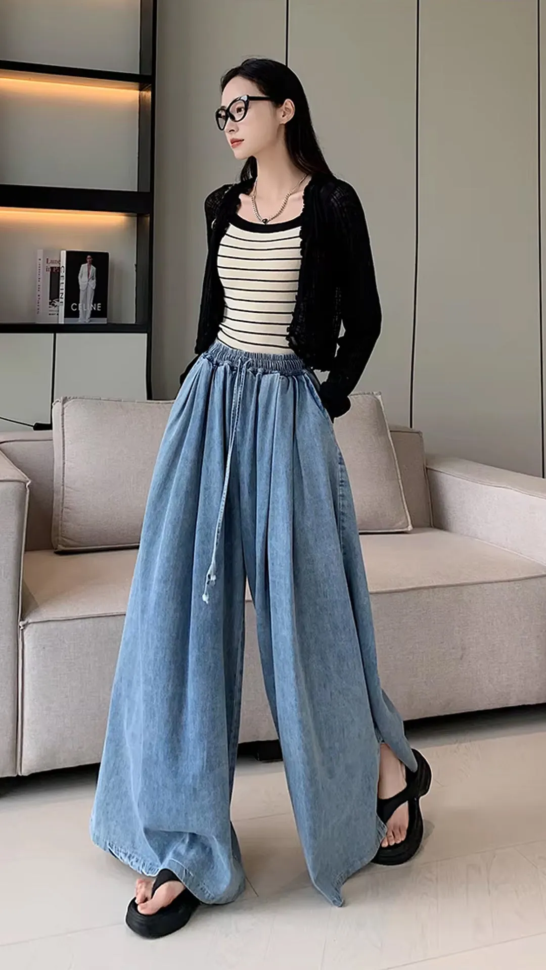 Loose Elastic Waist Oversize Wide Leg Jeans Pants