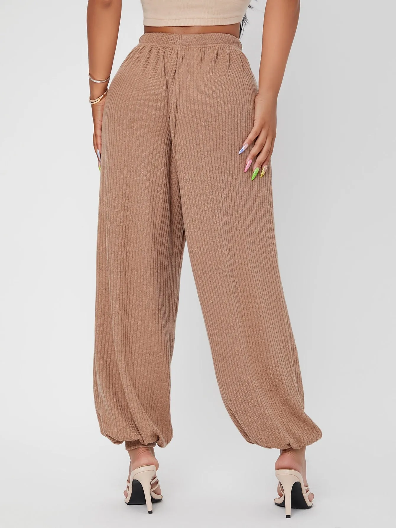 Plain Rib-Knit High Waist Long Women Sweatpants