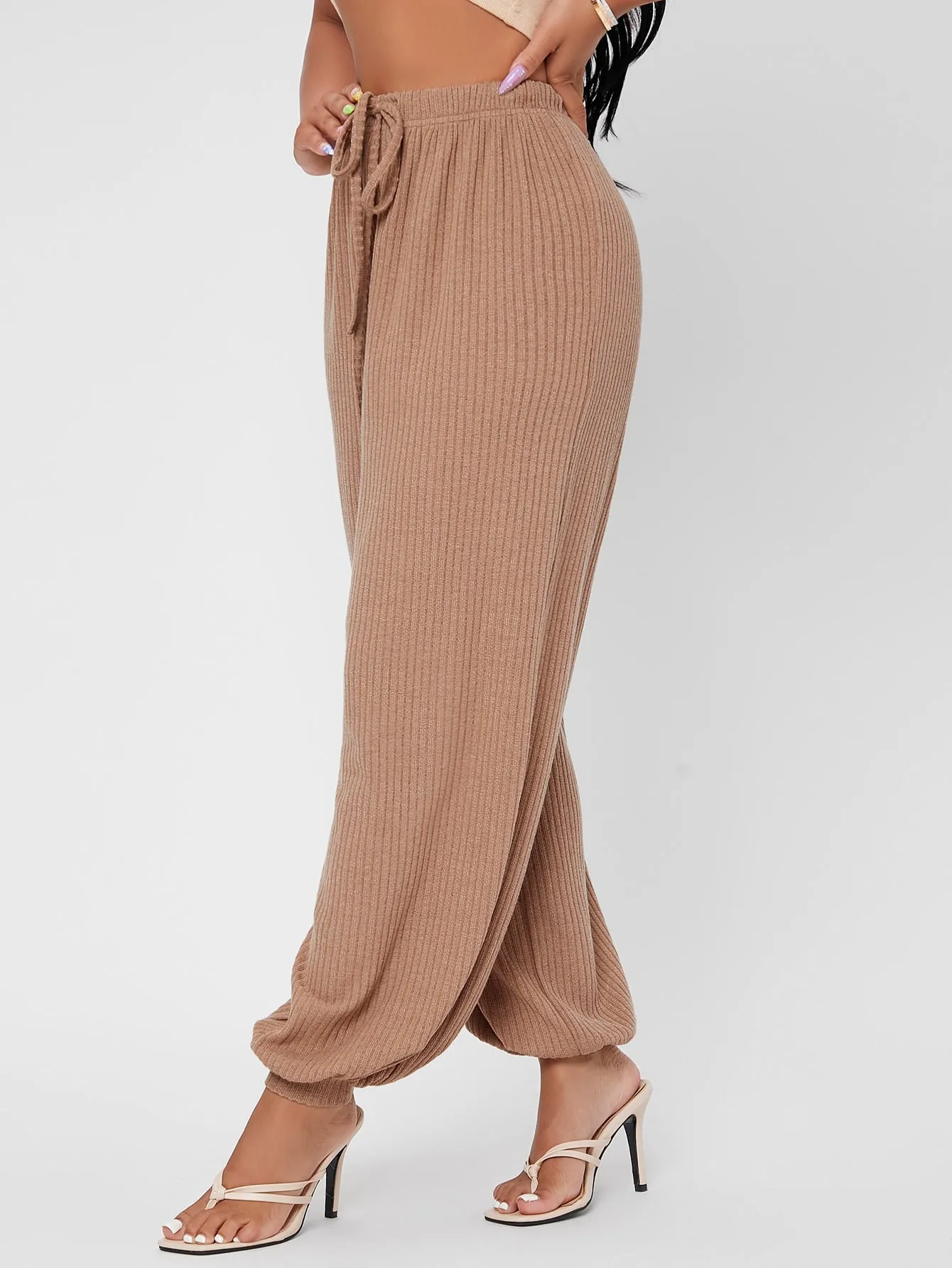 Plain Rib-Knit High Waist Long Women Sweatpants