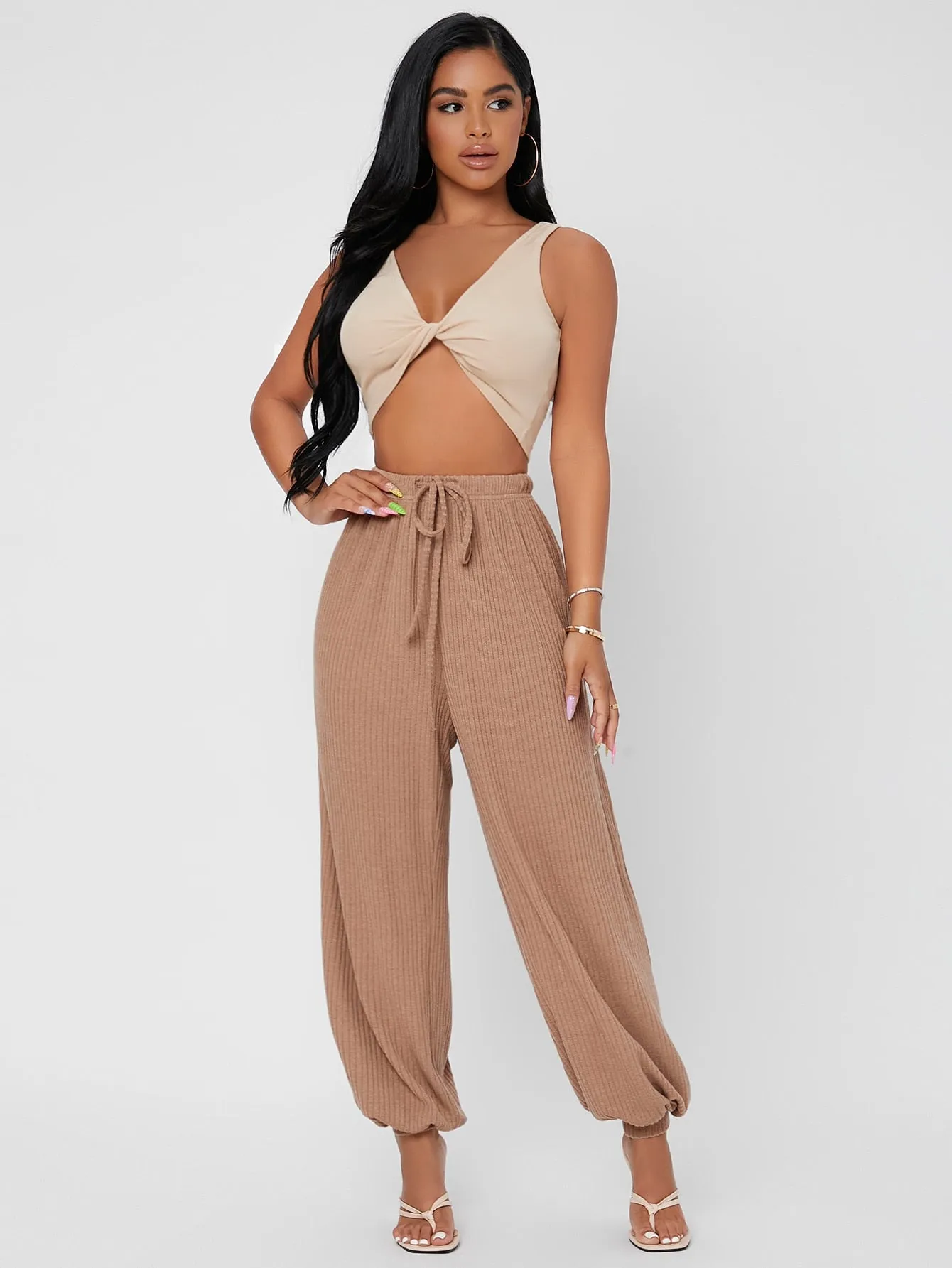 Plain Rib-Knit High Waist Long Women Sweatpants