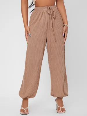 Plain Rib-Knit High Waist Long Women Sweatpants
