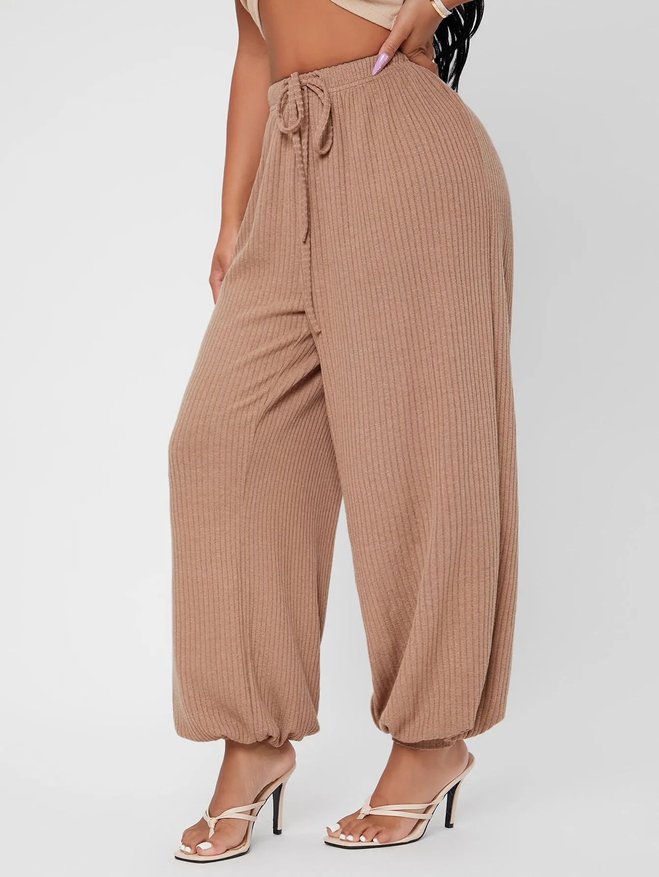 Plain Rib-Knit High Waist Long Women Sweatpants