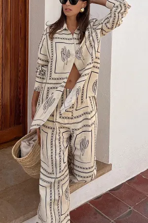 Printed Long Sleeved Shirt Trousers Two Piece Suit Home Wear