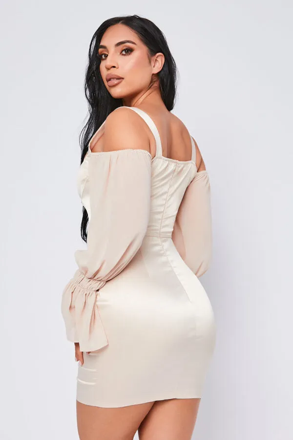 Satin Corset Mini Dress With Chiffon Puff Sleeves Champagne