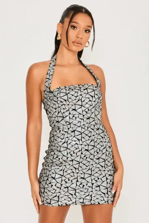 Sequin Halterneck Square Neckline Mini Dress Silver