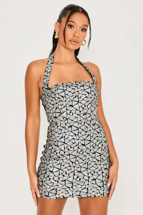 Sequin Halterneck Square Neckline Mini Dress Silver
