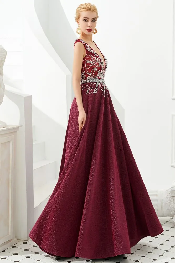 Sexy Deep V-Neck aline Evening Dress Sleeveless Crystals Floor Length Prom Dress quincenera Dress