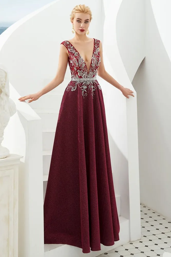 Sexy Deep V-Neck aline Evening Dress Sleeveless Crystals Floor Length Prom Dress quincenera Dress