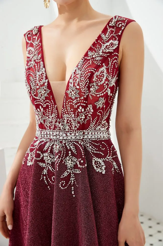 Sexy Deep V-Neck aline Evening Dress Sleeveless Crystals Floor Length Prom Dress quincenera Dress
