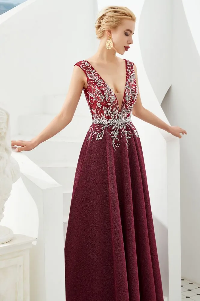 Sexy Deep V-Neck aline Evening Dress Sleeveless Crystals Floor Length Prom Dress quincenera Dress