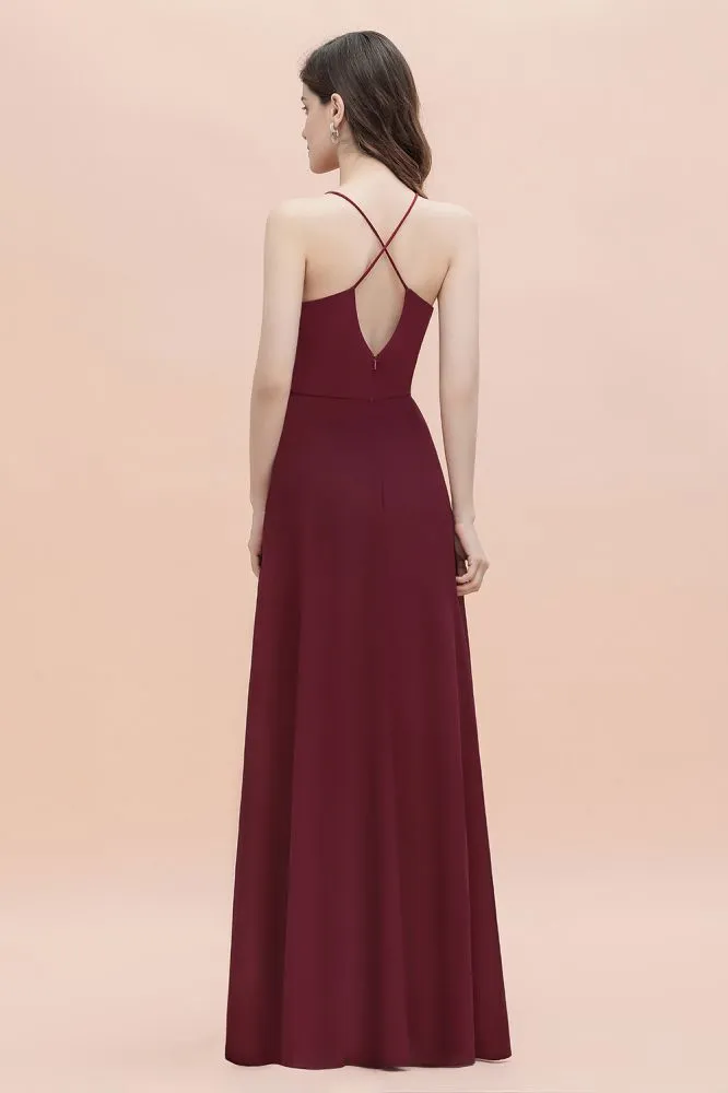 Spaghetti Bateau Aline Evening Maxi Dress Sequins Chiffon Bridesmaid Dress