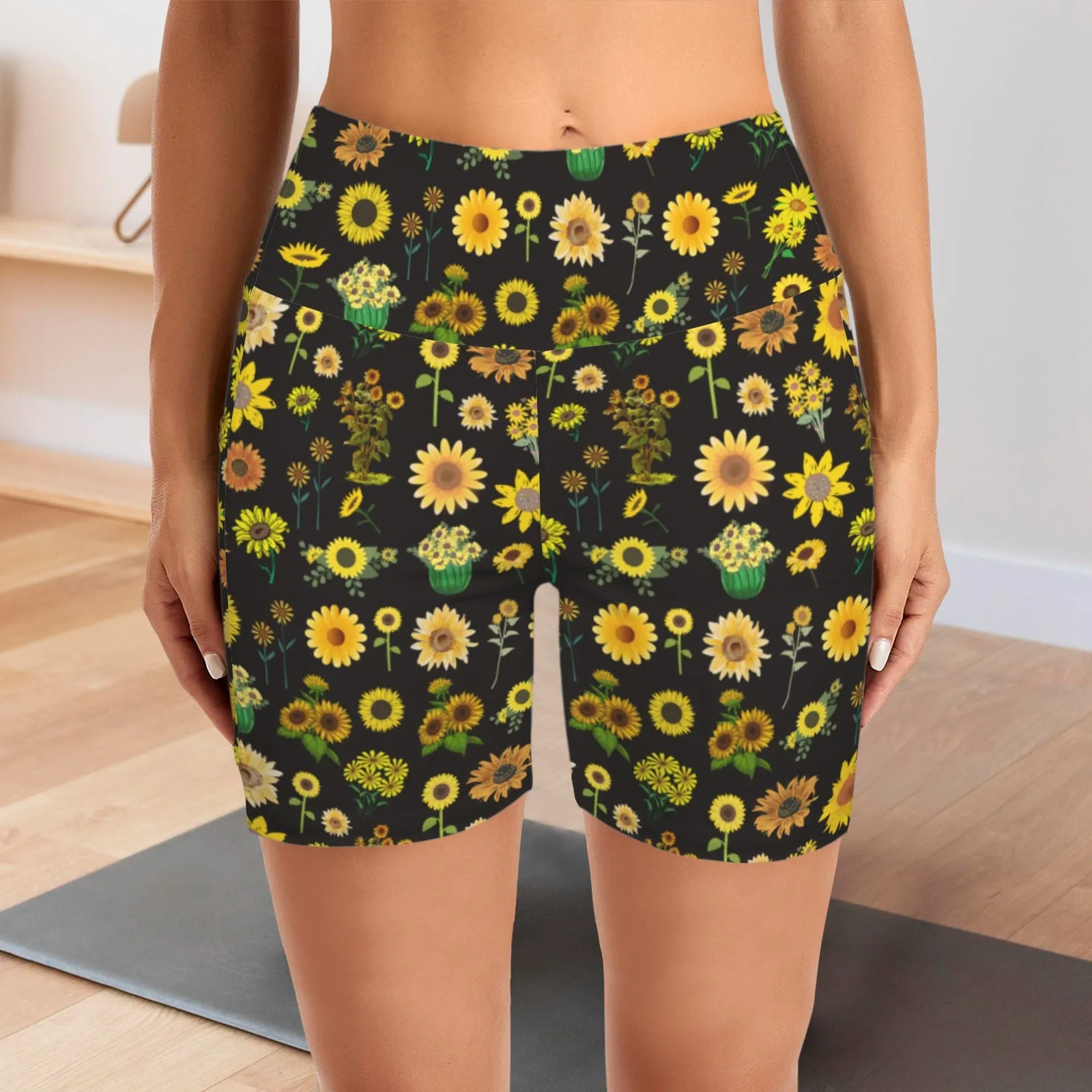 Sunflowers Graphic Black Yoga Shorts with Pockets up to 5 XL (FWS)
