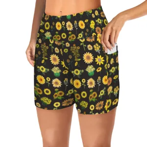 Sunflowers Graphic Black Yoga Shorts with Pockets up to 5 XL (FWS)