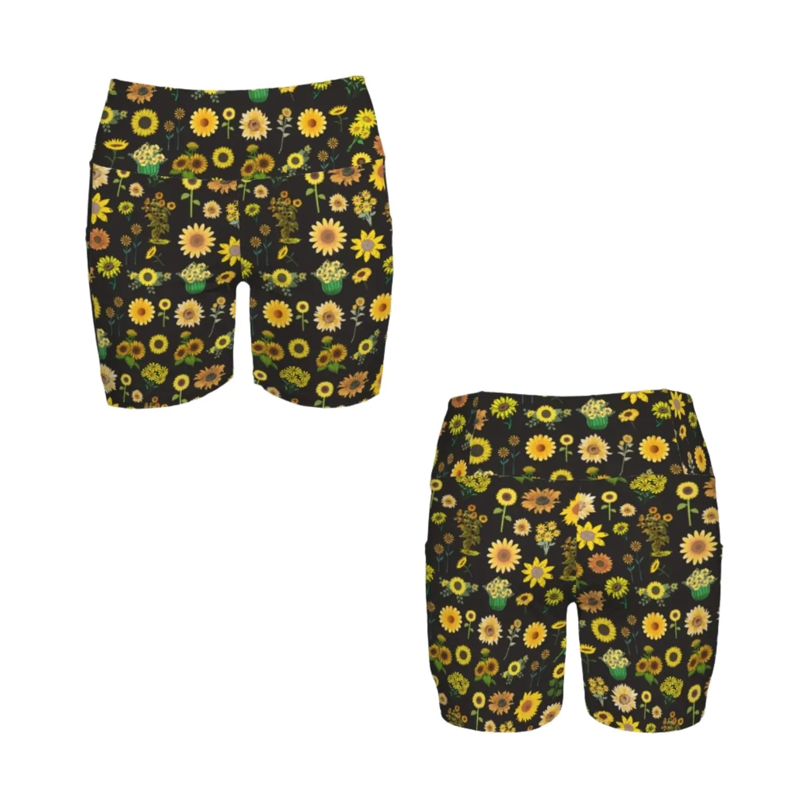Sunflowers Graphic Black Yoga Shorts with Pockets up to 5 XL (FWS)