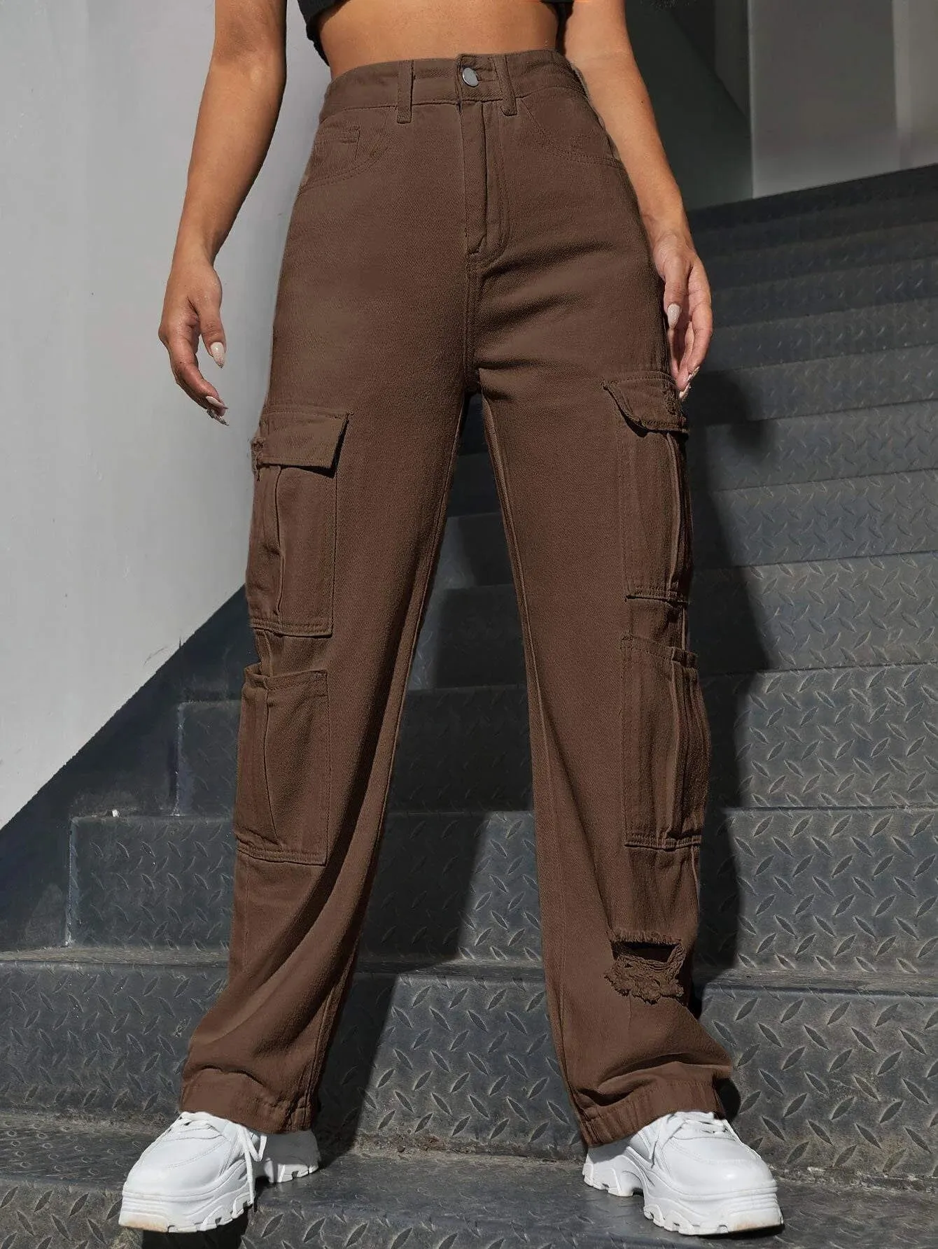 Western Flap Pocket Long Ripped Jeans