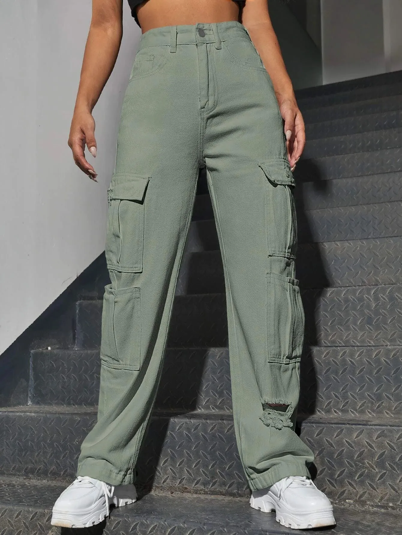 Western Flap Pocket Long Ripped Jeans