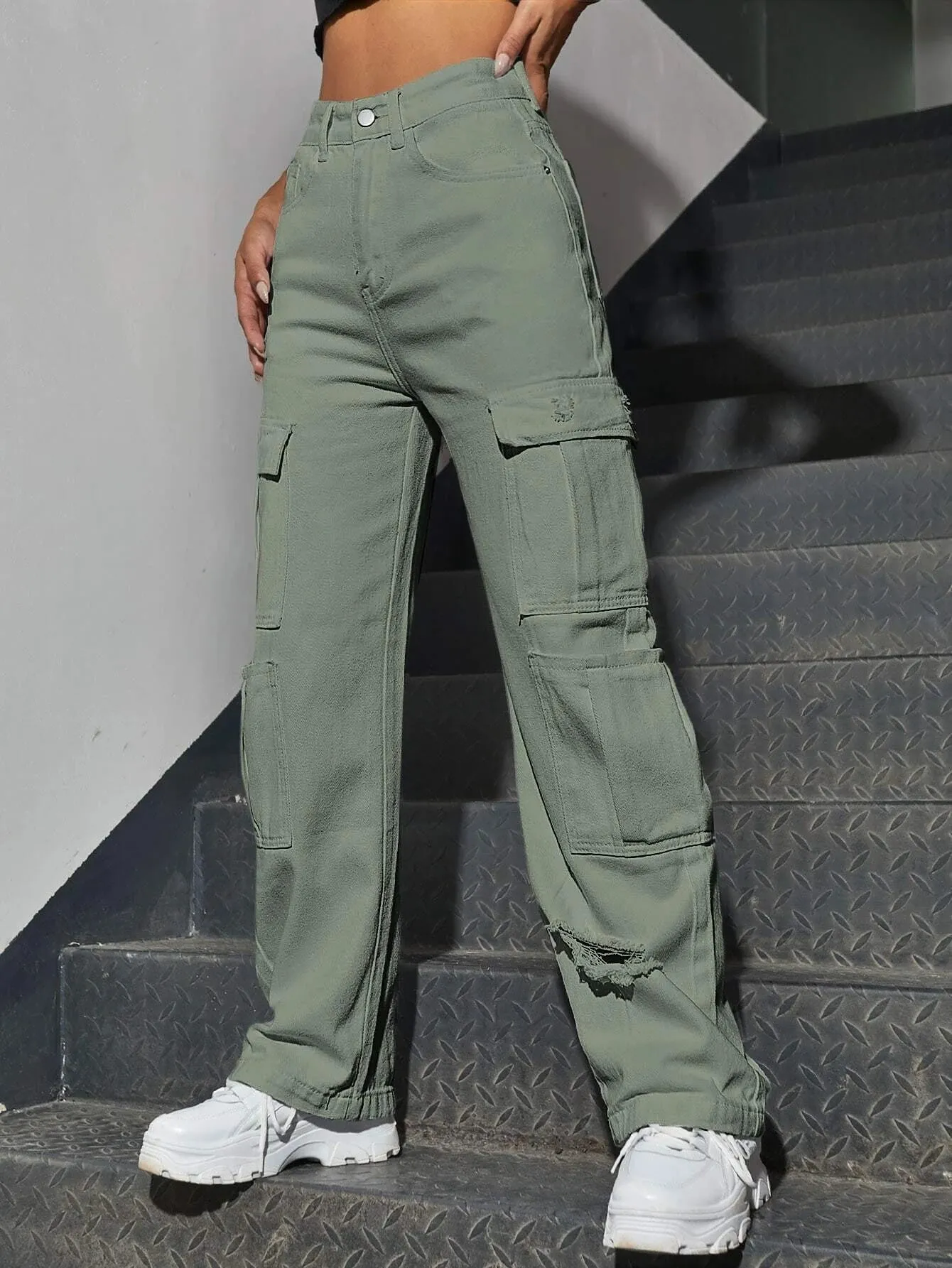 Western Flap Pocket Long Ripped Jeans