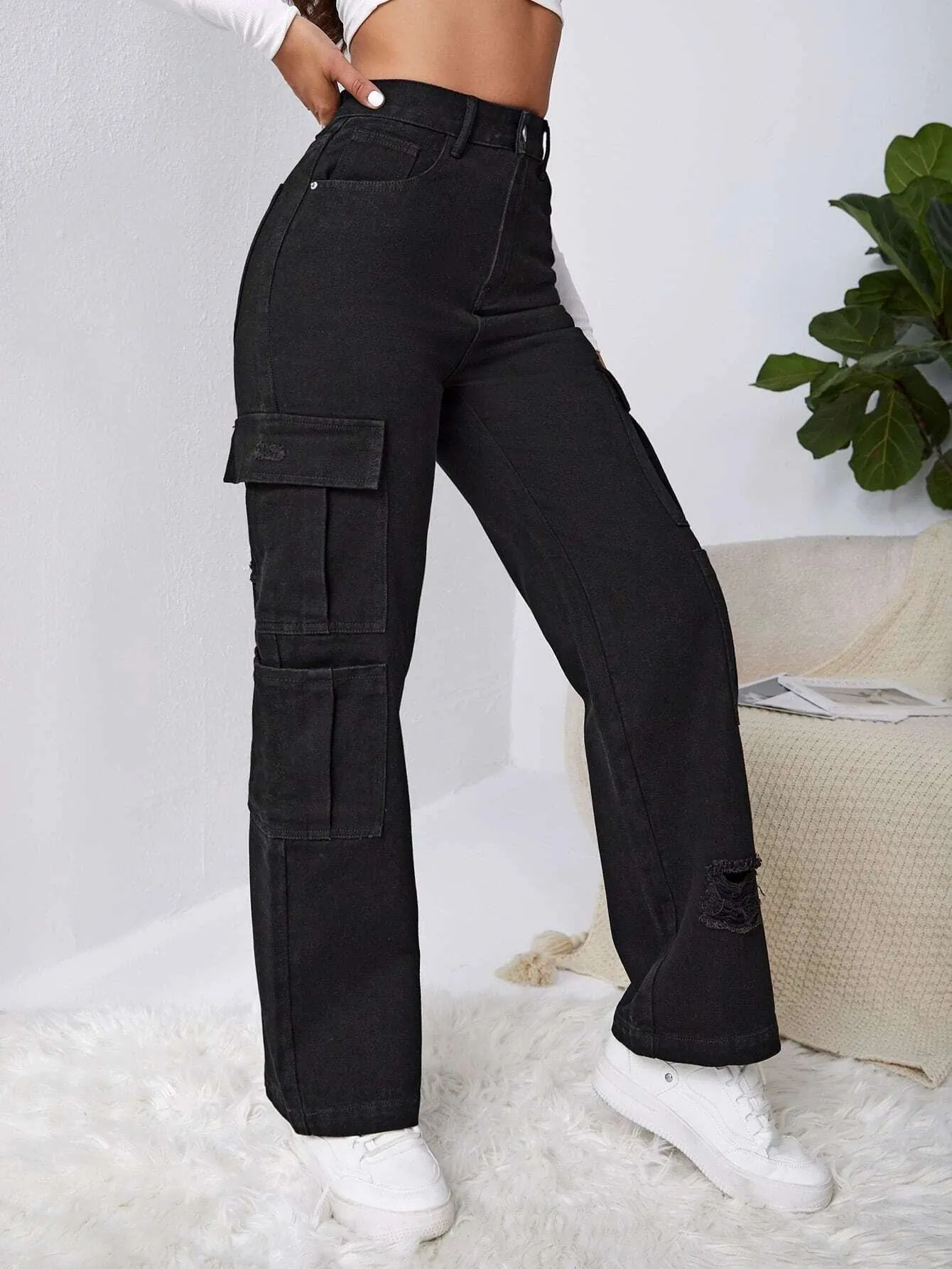 Western Flap Pocket Long Ripped Jeans